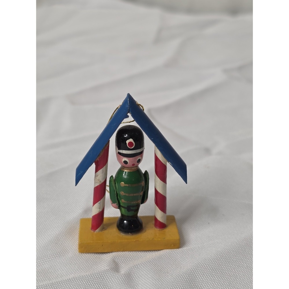 Vintage‎ Wooden Hand Painted Toy Soldier In House Christmas Ornament 3.75"